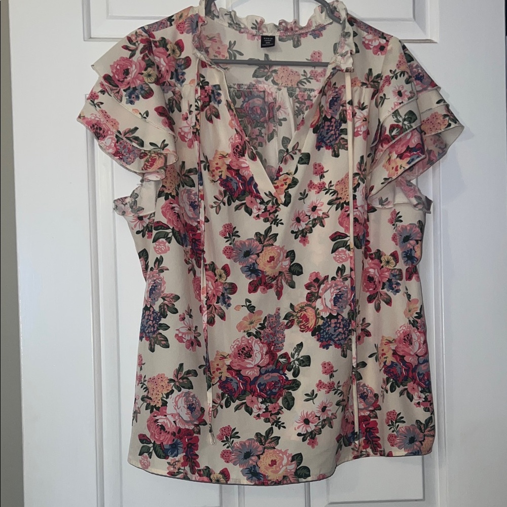SHEIN Cream Floral Tie-Neck Ruffle Sleeve Blouse